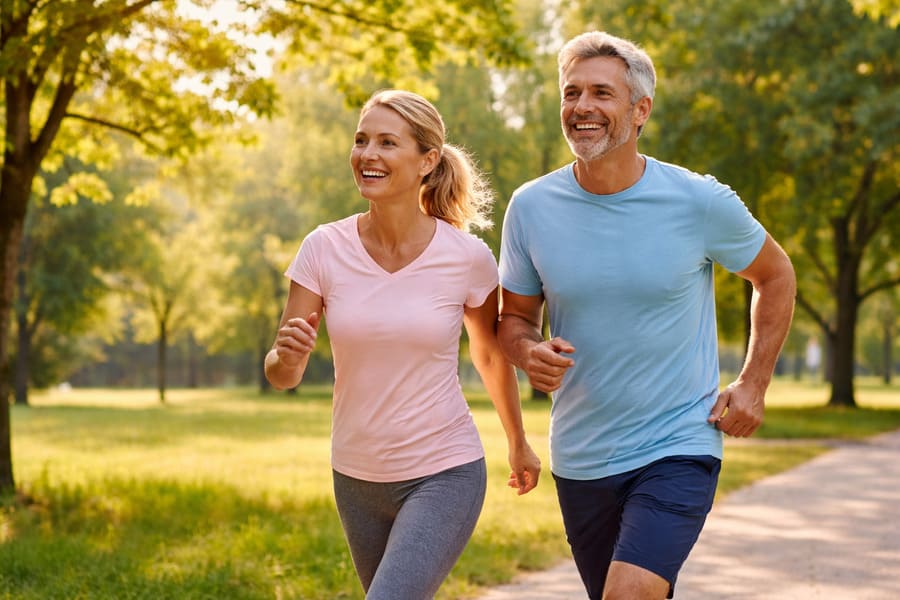 Caminhar todos os dias faz bem: casal praticando caminhada diária ao ar livre para melhorar a saúde e o bem-estar
