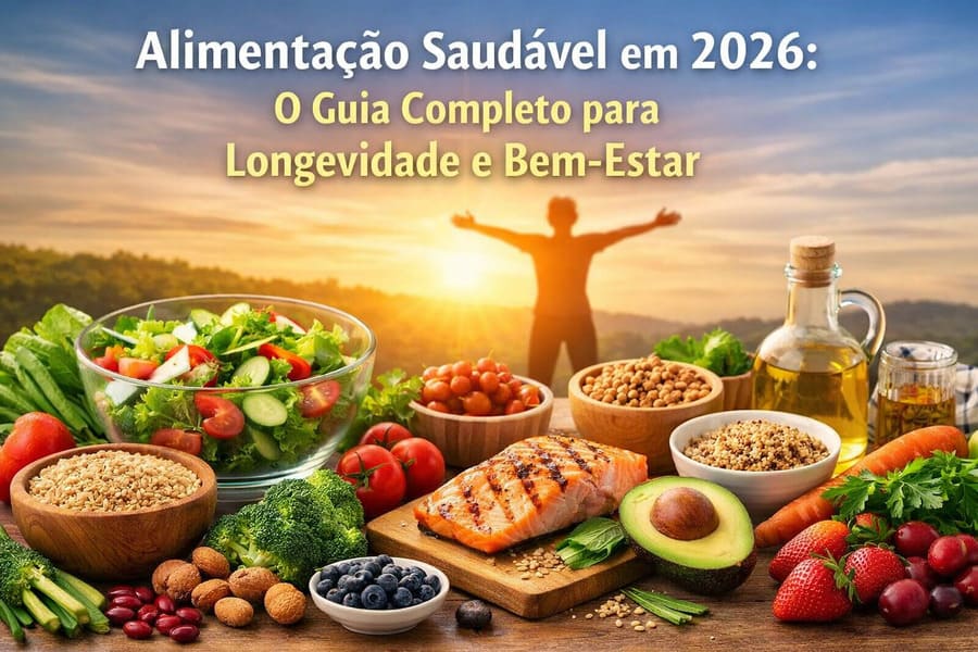 Alimentação saudável com prato equilibrado, vegetais frescos, proteínas e grãos integrais representando hábitos alimentares para uma vida longa e com bem-estar.