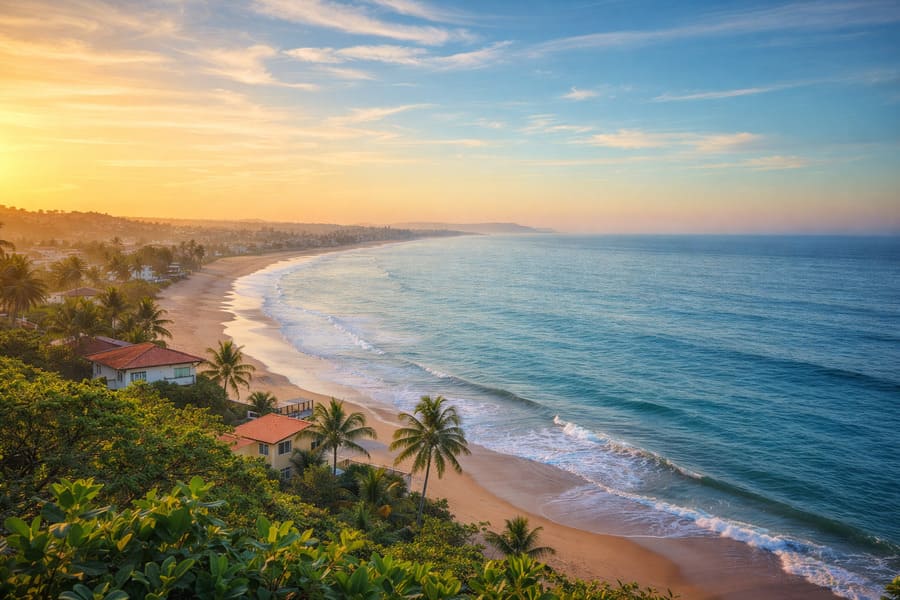 Vista aérea de cidade litorânea ao pôr do sol, ilustrando como morar perto do mar faz bem para a saúde e contribui para bem-estar e qualidade de vida.
