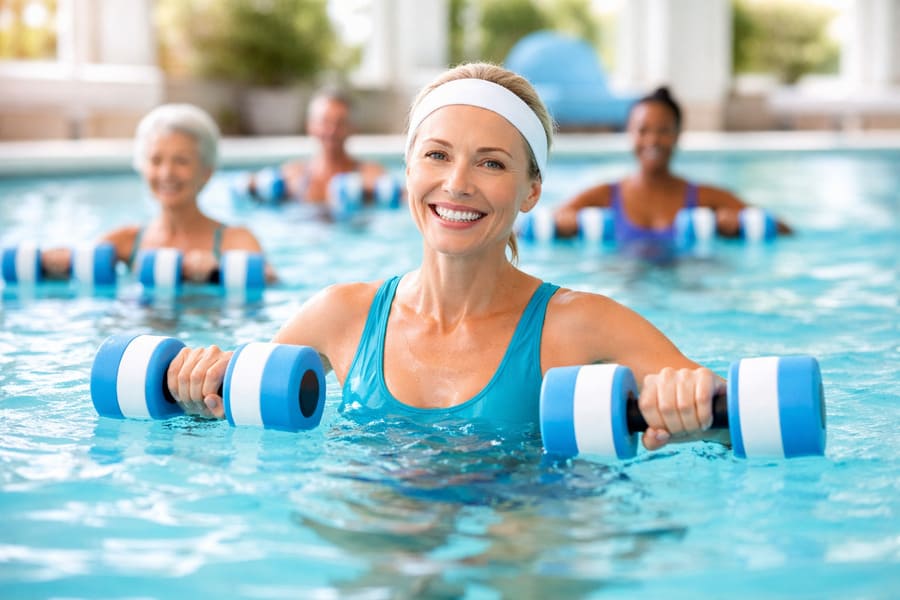 Mulher sorrindo praticando hidroginástica em piscina, segurando halteres aquáticos durante aula em grupo com outros participantes ao fundo.