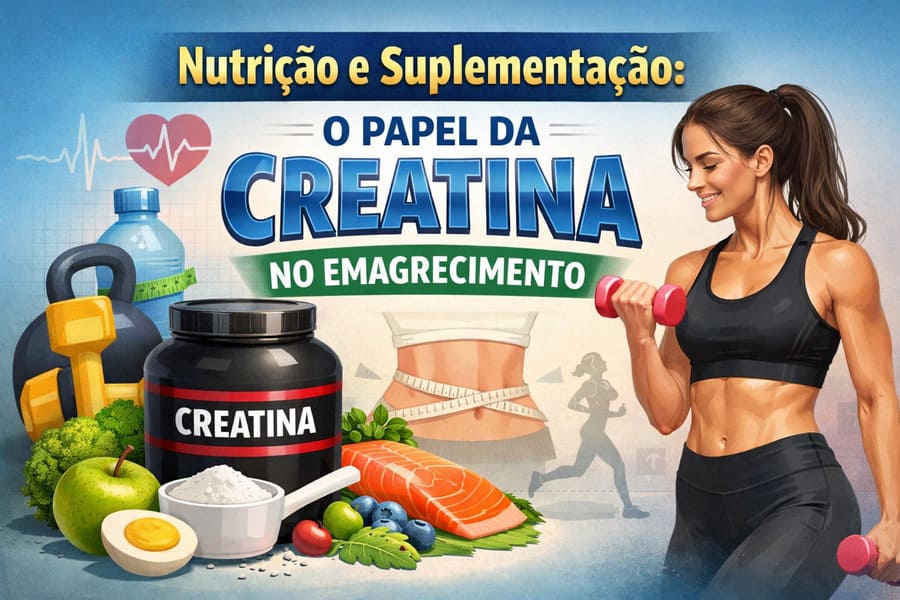 Ilustração sobre nutrição e suplementação mostrando creatina, alimentos saudáveis, fita métrica e mulher treinando, representando o papel da creatina no emagrecimento