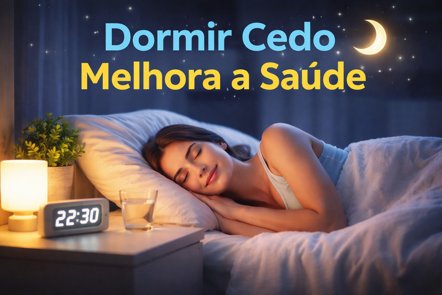 Dormir cedo melhora a saúde: mulher dormindo tranquilamente antes das 23h em ambiente calmo, representando os benefícios do sono para o corpo e a mente.