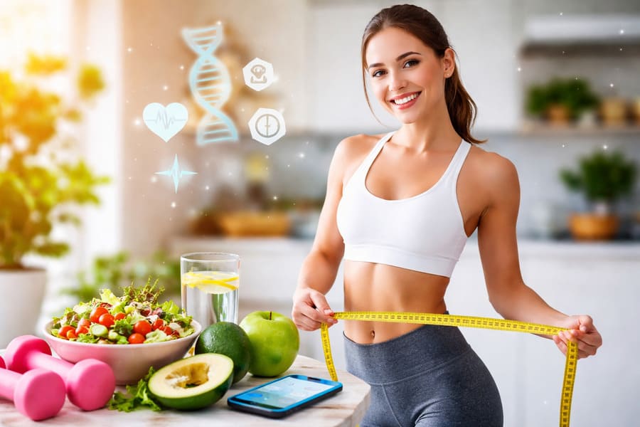 Mulher saudável medindo a cintura com fita métrica, simbolizando estratégias modernas para emagrecer em 2026 com alimentação equilibrada e estilo de vida ativo.