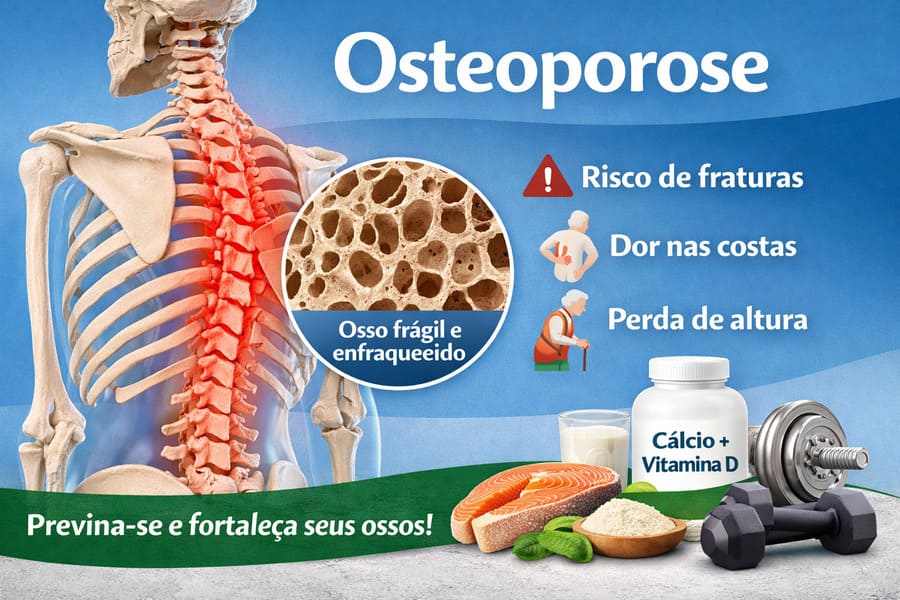 Ilustração sobre osteoporose mostrando coluna vertebral fragilizada, osso poroso em detalhe e sinais como dor nas costas e risco de fraturas.