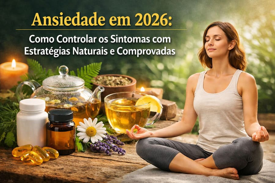 Mulher praticando meditação ao ar livre ao lado de chá e suplementos naturais, representando estratégias para controlar a ansiedade em 2026 de forma saudável e equilibrada.