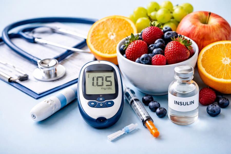 Medidor de glicose digital sobre mesa com frutas saudáveis, seringa, frasco de insulina e estetoscópio, representando controle e prevenção do diabetes.