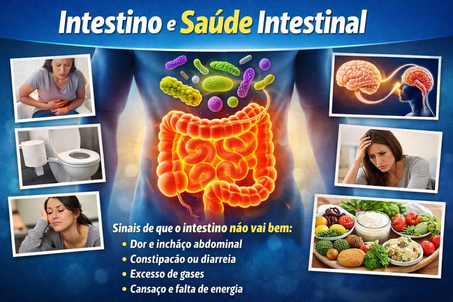 Ilustração educativa mostrando o intestino humano em destaque, microbiota intestinal, sinais de problemas intestinais e alimentos que ajudam na saúde do intestino