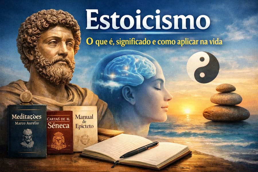 Ilustração sobre estoicismo com estátua de Marco Aurélio, livros clássicos, cérebro iluminado e elementos de equilíbrio simbolizando saúde mental e autocontrole