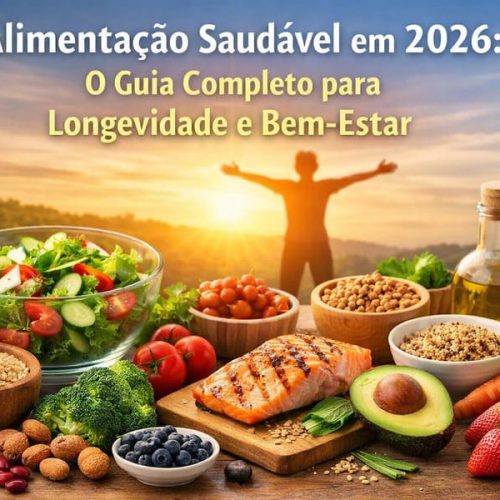 Alimentação saudável com prato equilibrado, vegetais frescos, proteínas e grãos integrais representando hábitos alimentares para uma vida longa e com bem-estar.