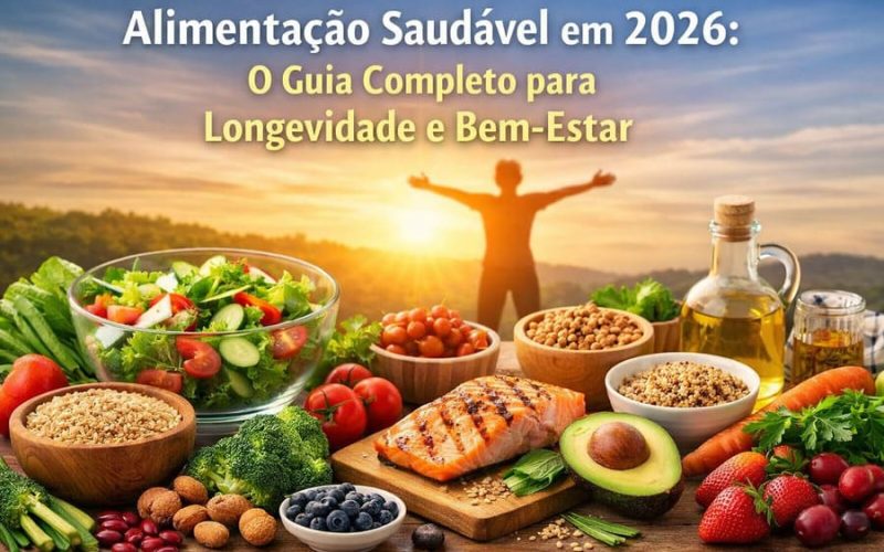 Alimentação saudável com prato equilibrado, vegetais frescos, proteínas e grãos integrais representando hábitos alimentares para uma vida longa e com bem-estar.