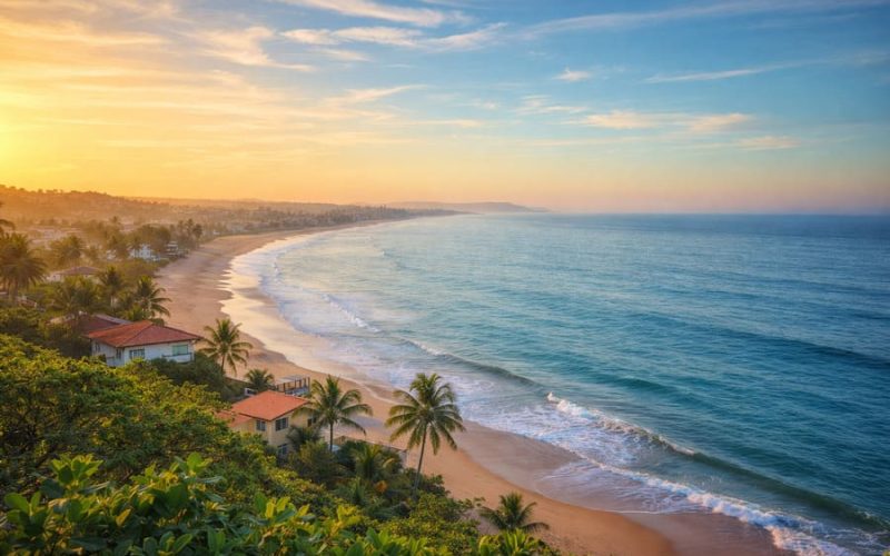 Vista aérea de cidade litorânea ao pôr do sol, ilustrando como morar perto do mar faz bem para a saúde e contribui para bem-estar e qualidade de vida.