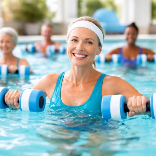 Mulher sorrindo praticando hidroginástica em piscina, segurando halteres aquáticos durante aula em grupo com outros participantes ao fundo.