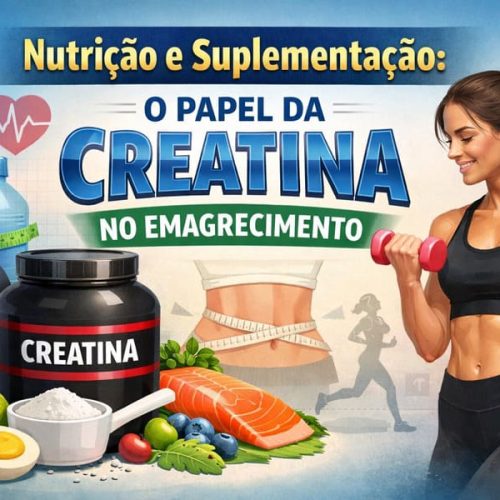 Ilustração sobre nutrição e suplementação mostrando creatina, alimentos saudáveis, fita métrica e mulher treinando, representando o papel da creatina no emagrecimento