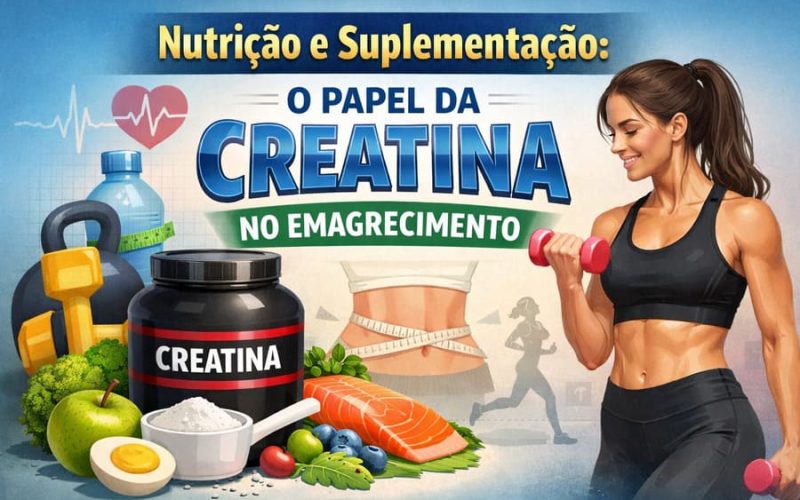 Ilustração sobre nutrição e suplementação mostrando creatina, alimentos saudáveis, fita métrica e mulher treinando, representando o papel da creatina no emagrecimento