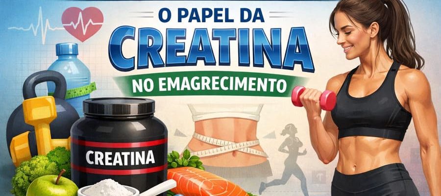 Ilustração sobre nutrição e suplementação mostrando creatina, alimentos saudáveis, fita métrica e mulher treinando, representando o papel da creatina no emagrecimento