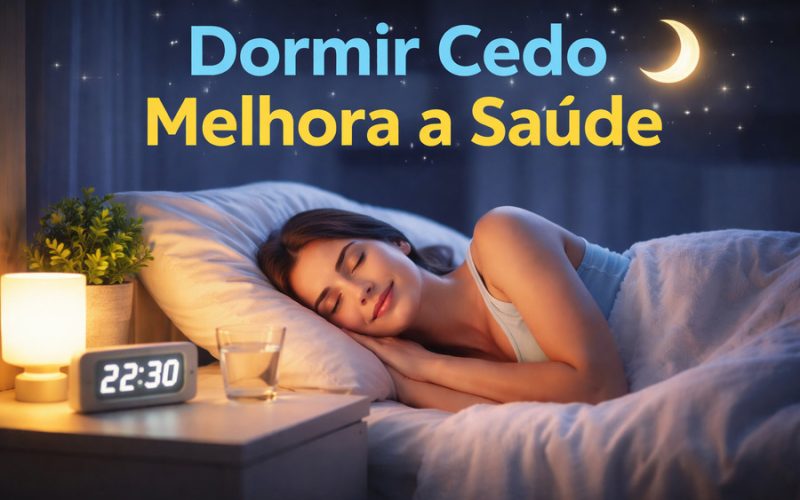 Dormir cedo melhora a saúde: mulher dormindo tranquilamente antes das 23h em ambiente calmo, representando os benefícios do sono para o corpo e a mente.