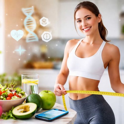 Mulher saudável medindo a cintura com fita métrica, simbolizando estratégias modernas para emagrecer em 2026 com alimentação equilibrada e estilo de vida ativo.