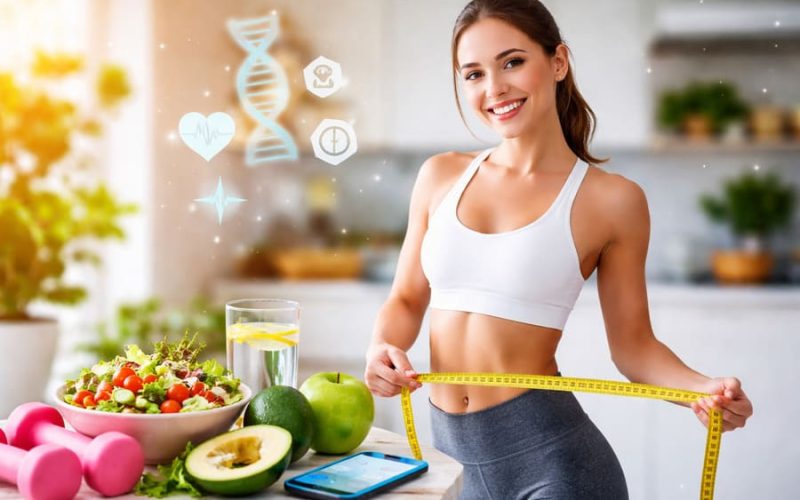 Mulher saudável medindo a cintura com fita métrica, simbolizando estratégias modernas para emagrecer em 2026 com alimentação equilibrada e estilo de vida ativo.