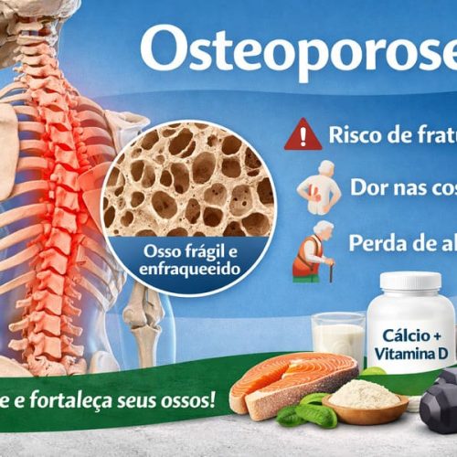Ilustração sobre osteoporose mostrando coluna vertebral fragilizada, osso poroso em detalhe e sinais como dor nas costas e risco de fraturas.
