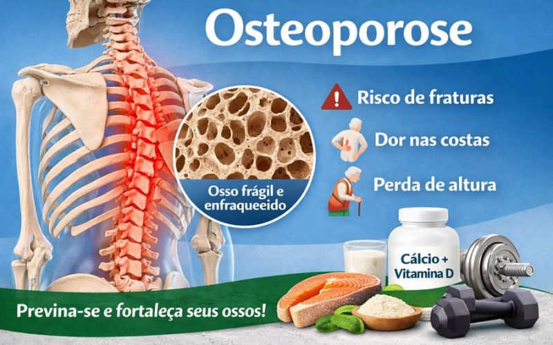 Ilustração sobre osteoporose mostrando coluna vertebral fragilizada, osso poroso em detalhe e sinais como dor nas costas e risco de fraturas.