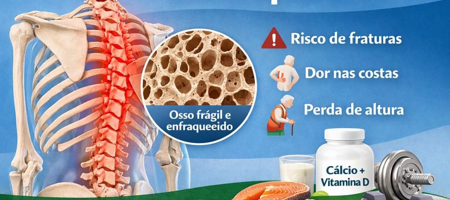 Ilustração sobre osteoporose mostrando coluna vertebral fragilizada, osso poroso em detalhe e sinais como dor nas costas e risco de fraturas.