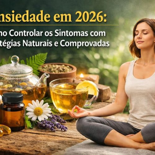 Mulher praticando meditação ao ar livre ao lado de chá e suplementos naturais, representando estratégias para controlar a ansiedade em 2026 de forma saudável e equilibrada.