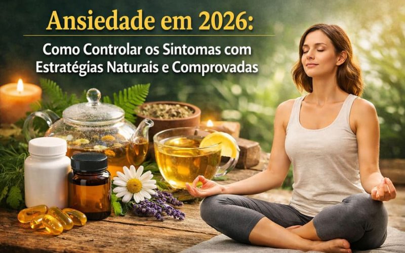 Mulher praticando meditação ao ar livre ao lado de chá e suplementos naturais, representando estratégias para controlar a ansiedade em 2026 de forma saudável e equilibrada.