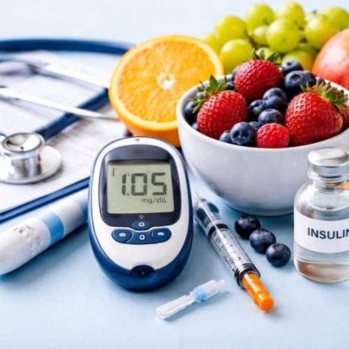 Medidor de glicose digital sobre mesa com frutas saudáveis, seringa, frasco de insulina e estetoscópio, representando controle e prevenção do diabetes.