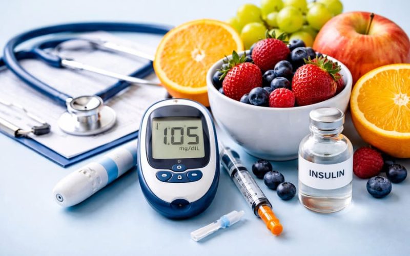Medidor de glicose digital sobre mesa com frutas saudáveis, seringa, frasco de insulina e estetoscópio, representando controle e prevenção do diabetes.