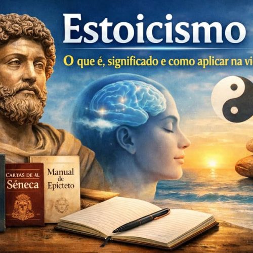 Ilustração sobre estoicismo com estátua de Marco Aurélio, livros clássicos, cérebro iluminado e elementos de equilíbrio simbolizando saúde mental e autocontrole