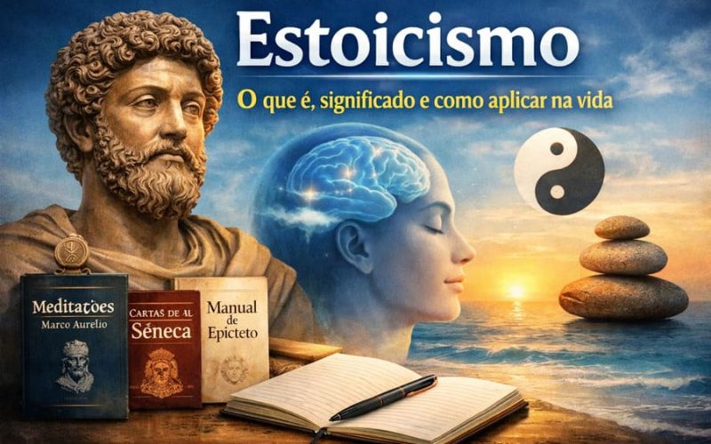 Ilustração sobre estoicismo com estátua de Marco Aurélio, livros clássicos, cérebro iluminado e elementos de equilíbrio simbolizando saúde mental e autocontrole