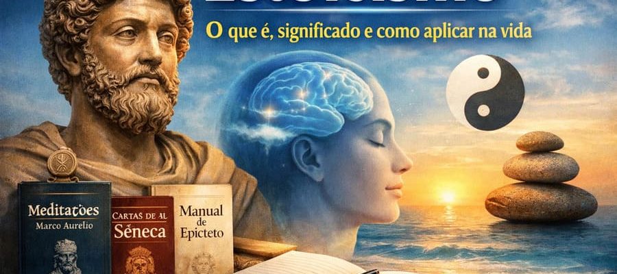 Ilustração sobre estoicismo com estátua de Marco Aurélio, livros clássicos, cérebro iluminado e elementos de equilíbrio simbolizando saúde mental e autocontrole